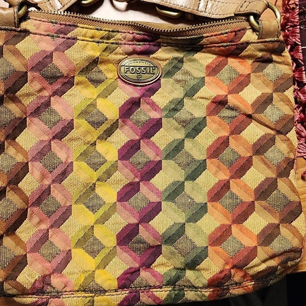 Vintage Fossil Multicolor Geometric Pattern Canvas/Leather Shoulder Bag Purse